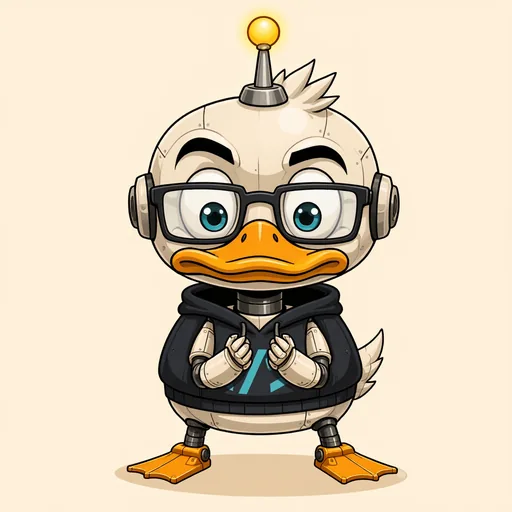 Robot Duck — a friendly robot-duck developer in a teal hoodie with a code symbol, glasses and an antenna